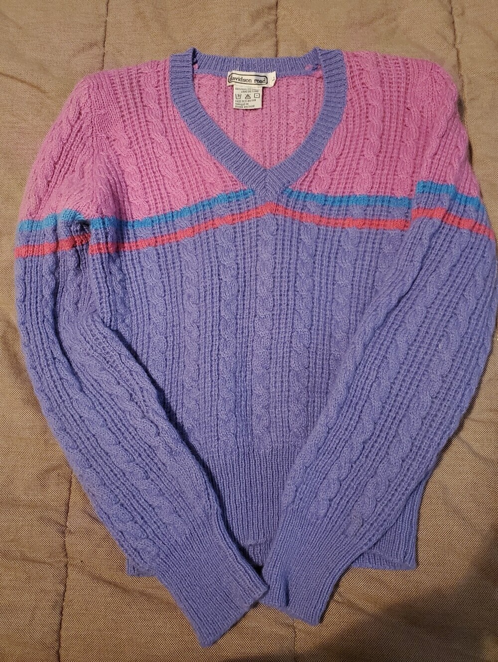 Davidson Road Vintage 90s Cable Knit Sweater Women L Purple Pink Colorblock VTG - Picture 2 of 7